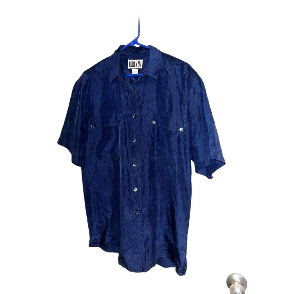 Vintage Silk Navy Button-Up Short Sleeve